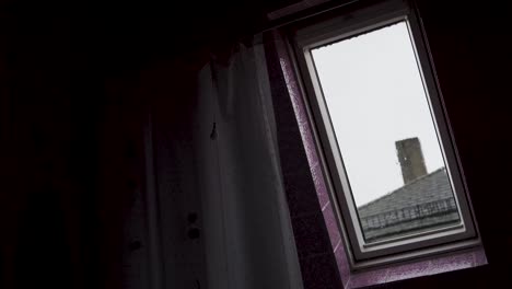 rain trickles down a dimly lit window showing an overcast sky and nearby building.