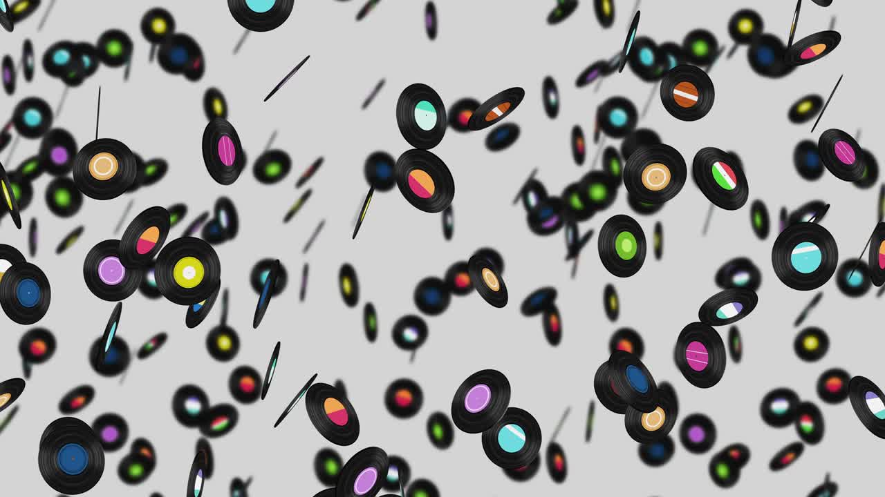 색 배경에 많은 비닐 레코드를 날아. 오래된 기술. 레트로 디자인. 음악 레코드 회전의 3d 애니메이션. 루프 애니메이션.