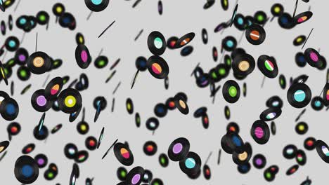 Flying many vinyl records on white background. Old technology. Retro design. 3D animation of music record rotating. Loop animation.