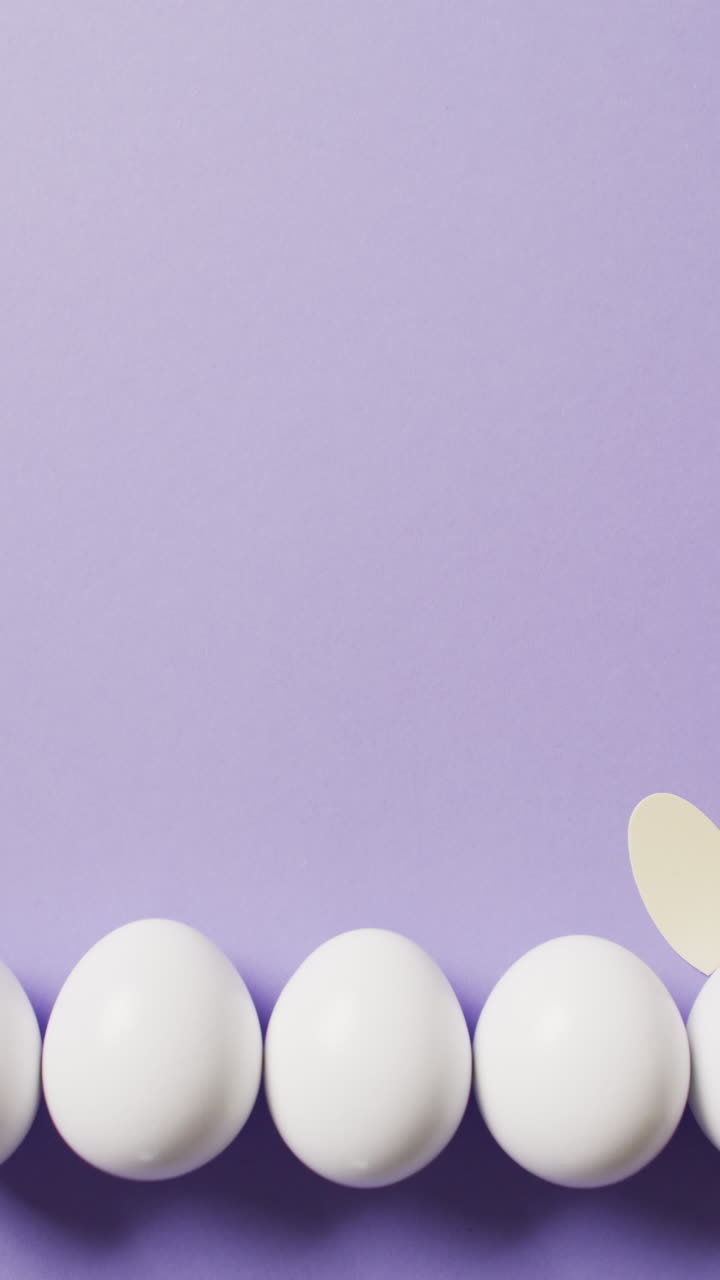 Vertical video of white easter eggs with rabbit ears on purple background with copy space
