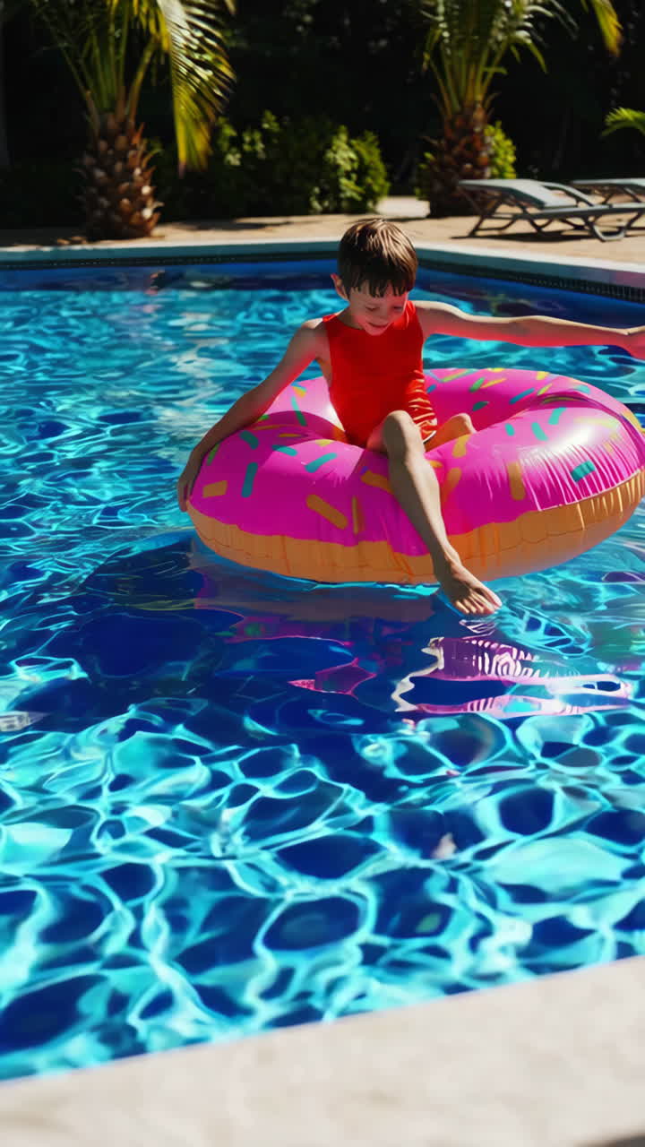Boy enjoying a sunny day in a swimming pool with a donut floatie