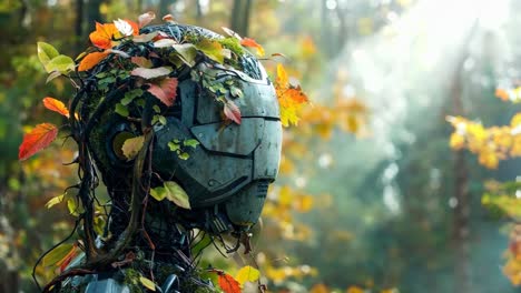 a robot with leaves on its head in the woods