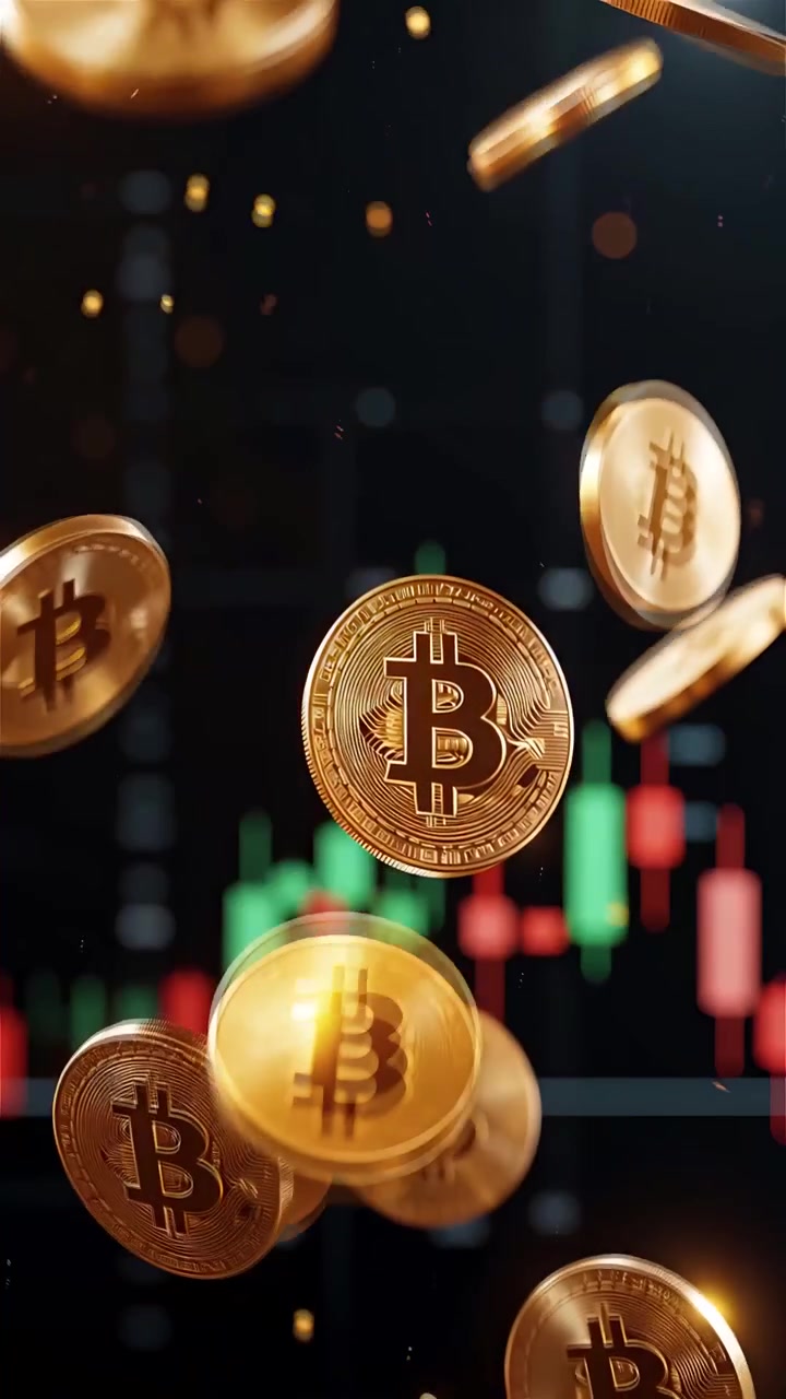 Moedas de Bitcoin douradas com fundo de gráfico de velas desfocado 4K