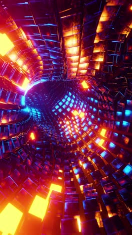 flying through a tunnel of blue and orange metal cubes. vertical looped video