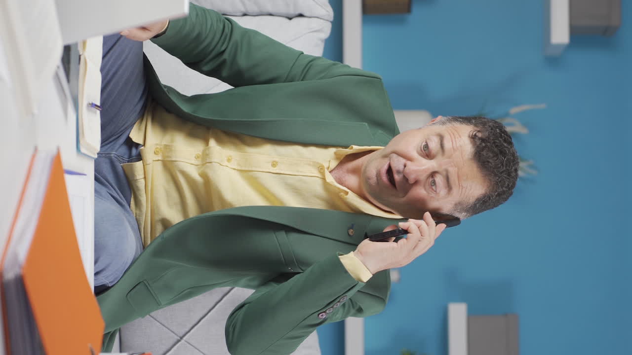 vídeo vertical de un trabajador de oficina en casa un anciano recibe buenas noticias.