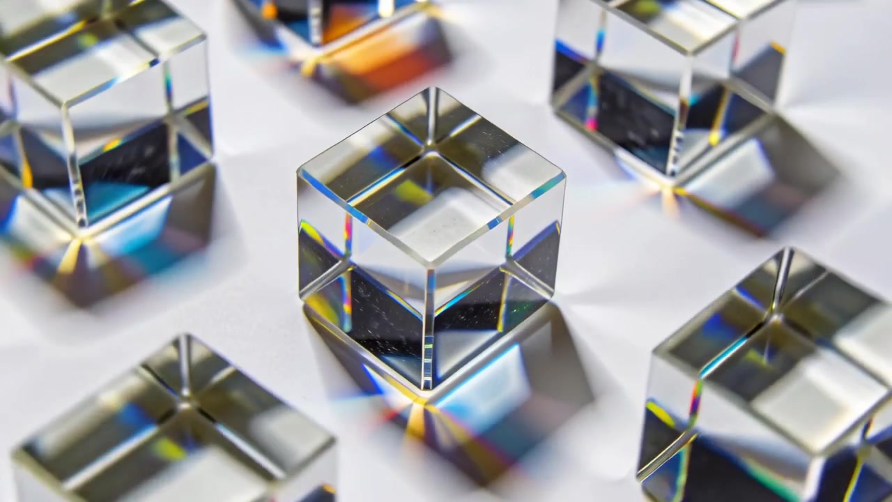 Shifting macro camera capturing central glass cube on white sheet, revealing colored caustics