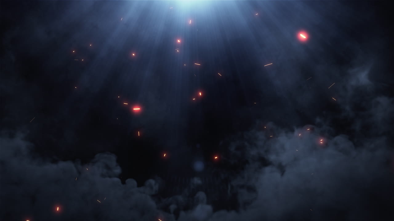 Misteriosi fasci di luce attraverso il fumo con scintille rosse incandescenti.