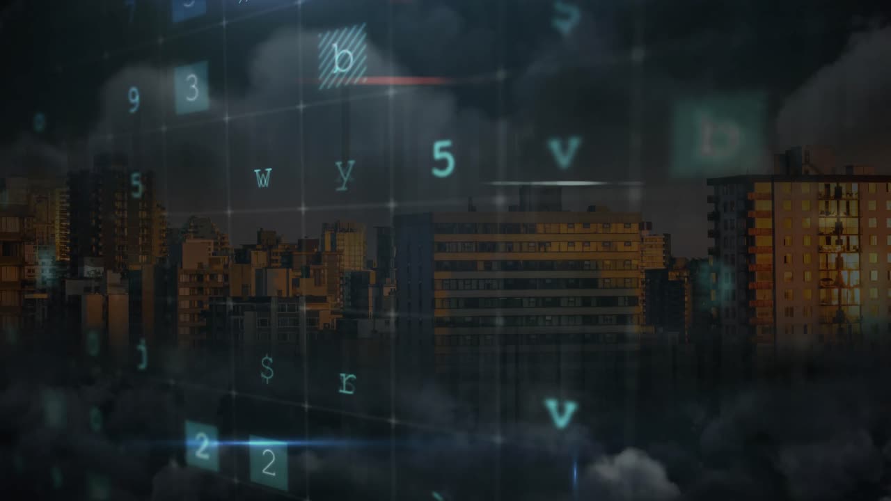 Animazione del testo 'crimine informatico' su paesaggio urbano