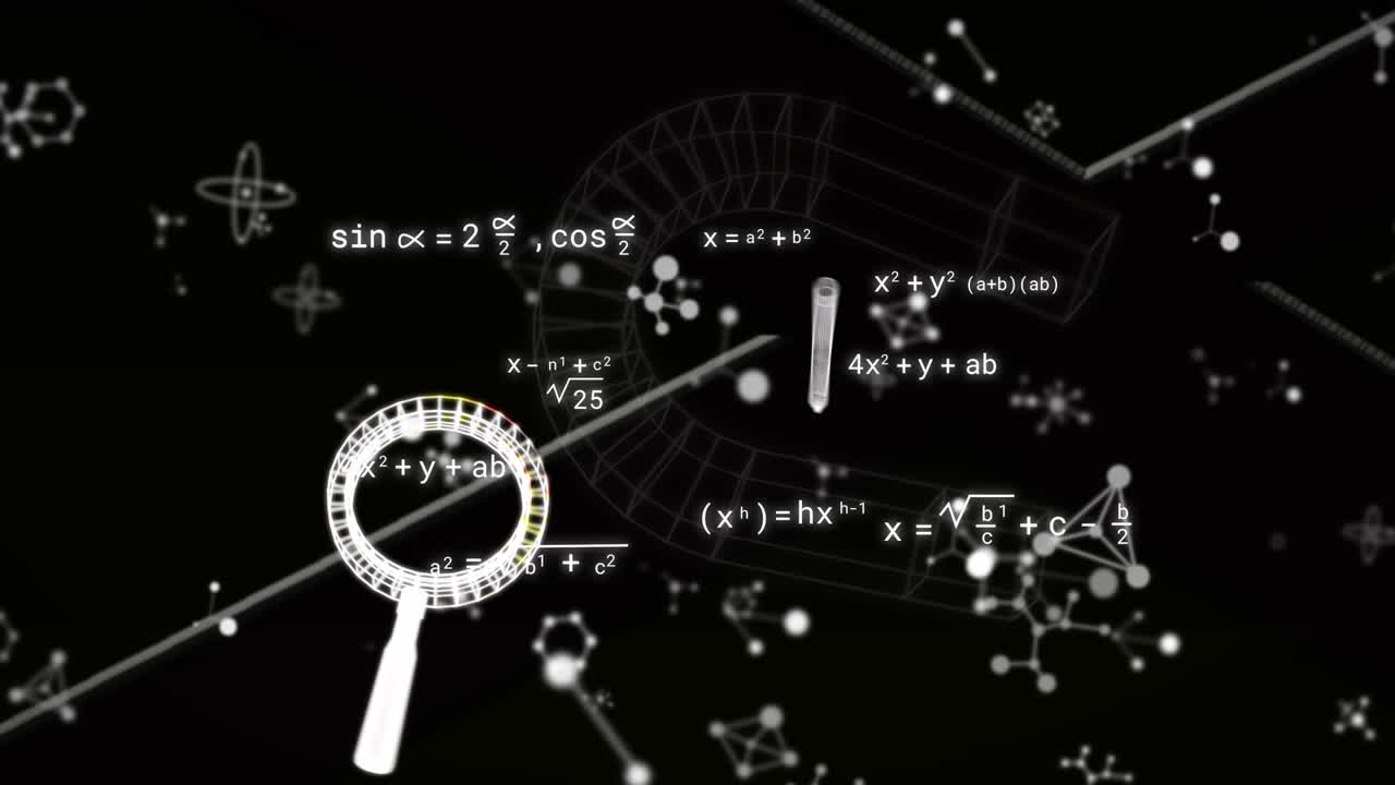 Animation of icons over mathematical equations and molecules on black background