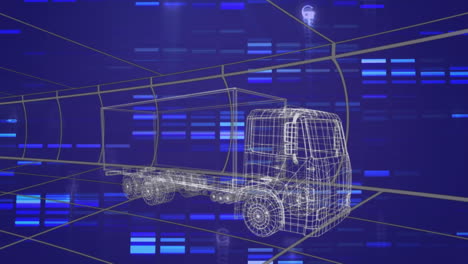 animación de procesamiento de datos y formas sobre camión digital sobre fondo azul
