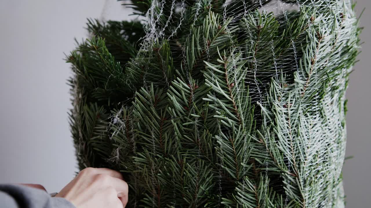 Nahaufnahme kaukasischer Hände, die vorsichtig das Netz um einen Weihnachtsbaum mit einem Cuttermesser aufschneiden. Eine präzise, ruhige Handlung, die in Tradition und saisonaler Vorbereitung verwurzelt ist.