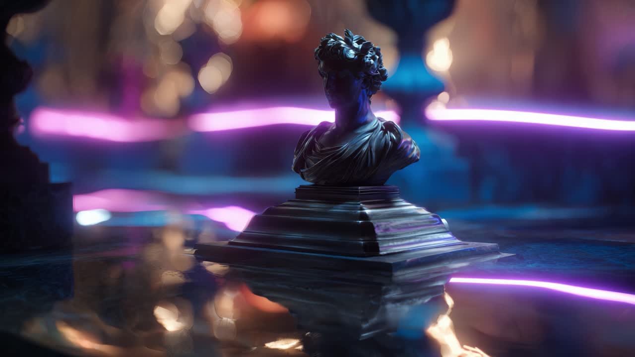 An elegant bronze bust sculpture reflecting mesmerizing lights, placed upon a decorated pedestal in a captivating, soft-focus environment with vibrant colors