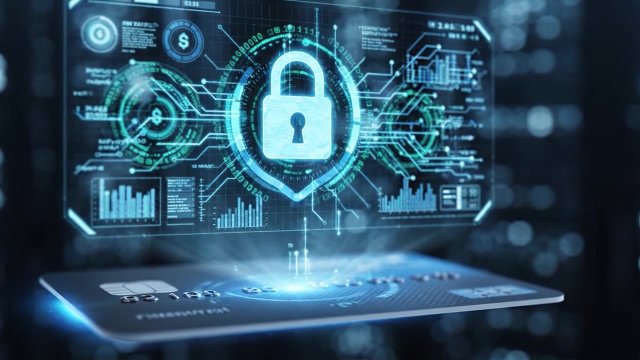 Visual Exploration of Digital Banking Security Featuring a Credit Card and Data Encryption Technology in a High-Tech Environment