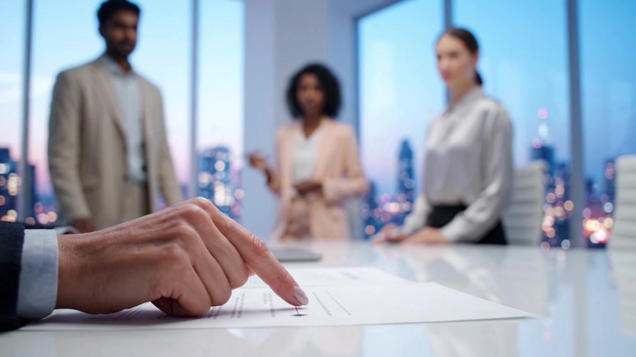 Una riunione di lavoro al crepuscolo: professionisti che discutono documenti importanti con vista sullo skyline della città durante le ore del crepuscolo.