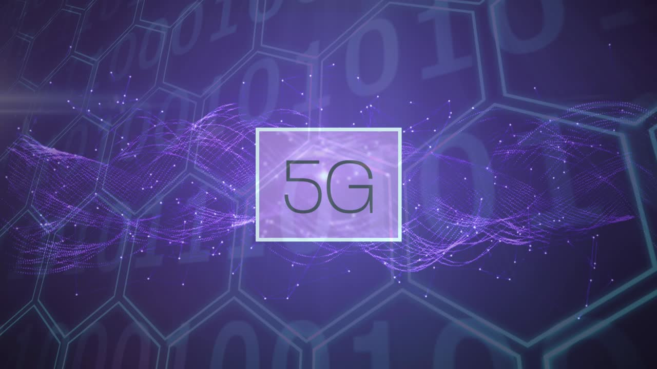 Animation of 5g text over binary coding and purple hexagons