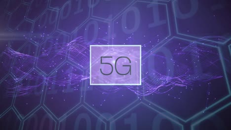 animation of 5g text over binary coding and purple hexagons