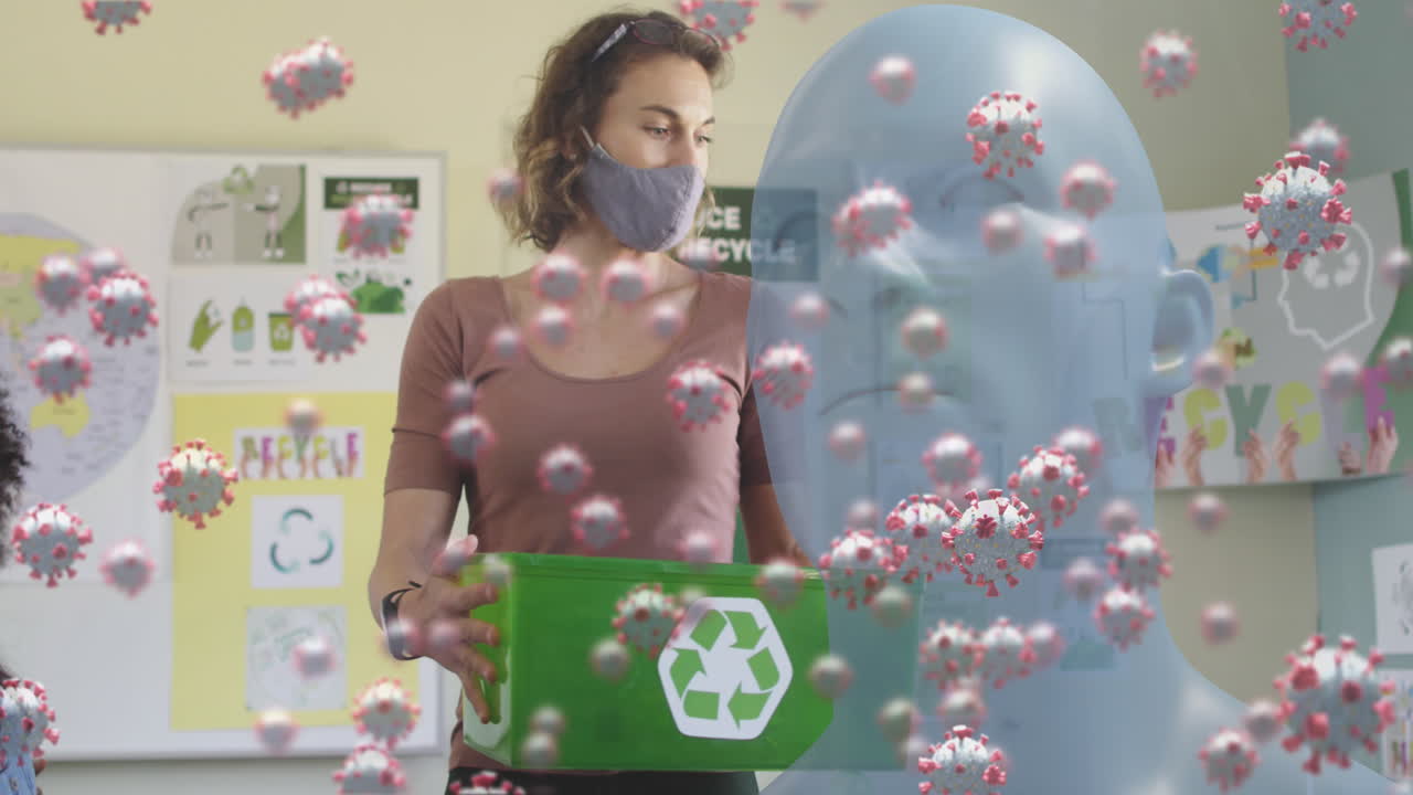 모델 헤드 코로나 19 세포의 애니메이션 여성 교사와 아이들이 얼굴 마스크를 쓰고 있습니다.