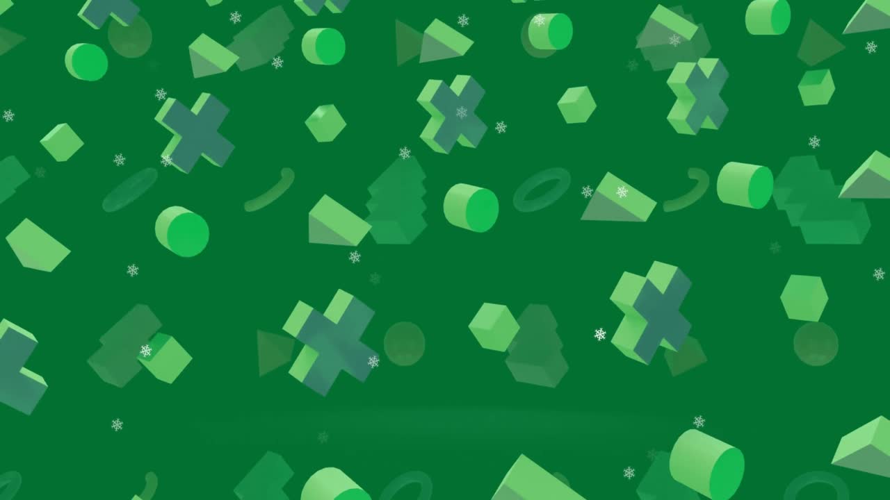 A digital animation of multiple glowing snowflakes falling against a black background