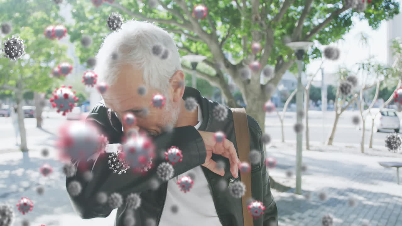 코로나19 세포의 애니메이션 시니어 남자가 마스크를 쓰고 있습니다.