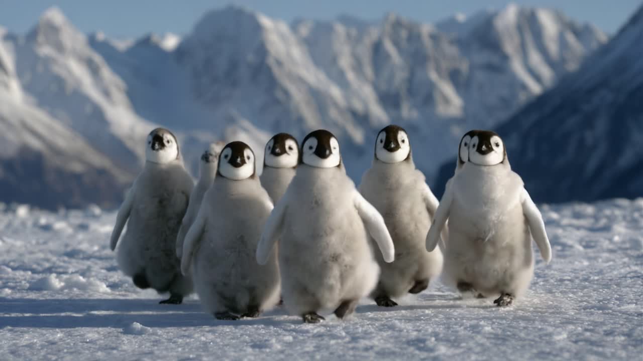 A Charming Group of Adorable Penguin Chicks Waddling Together on a Snowy Landscape Surrounded by Majestic Mountains in the Background