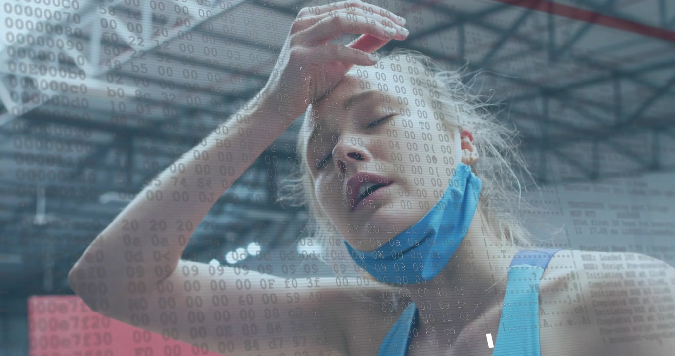 Woman athlete postrun, catching breath and pressing brow while sports digit overlay over face