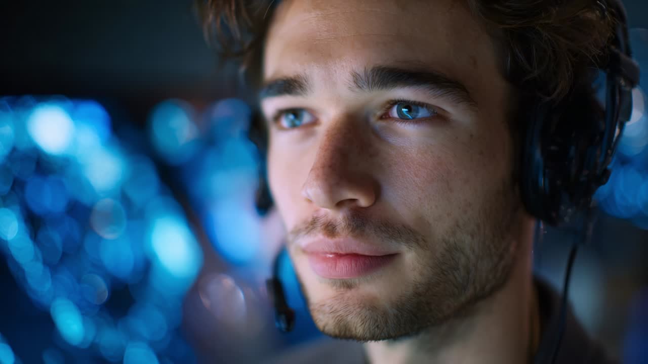 Focused Male Individual Utilizing Headset for Communication in a High-Tech Environment, Engaged in Thought or Work, with Illuminated Background Adding to the Futuristic Atmosphere