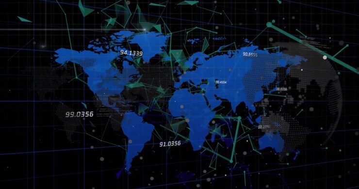 Animation of network of connections over world map on white background