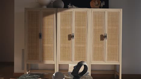 luxury wooden cabinets in the living room of a home, push in shot