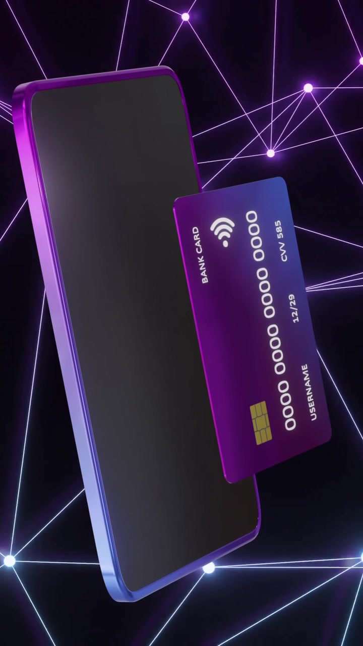 Animazione di smartphone e carta di credito con dati su sfondo nero