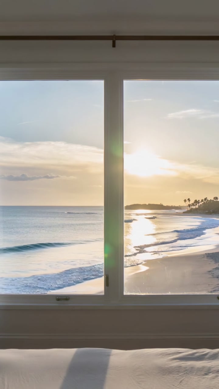 Vertical video: Framing seaward view through double-pane window, sun rising, waves moving past bed