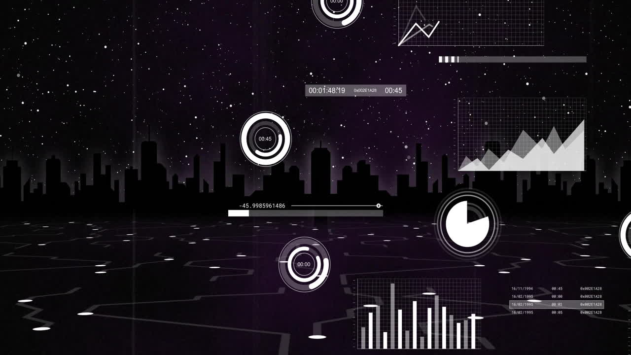 Digital data graphs and charts animation over city skyline at night