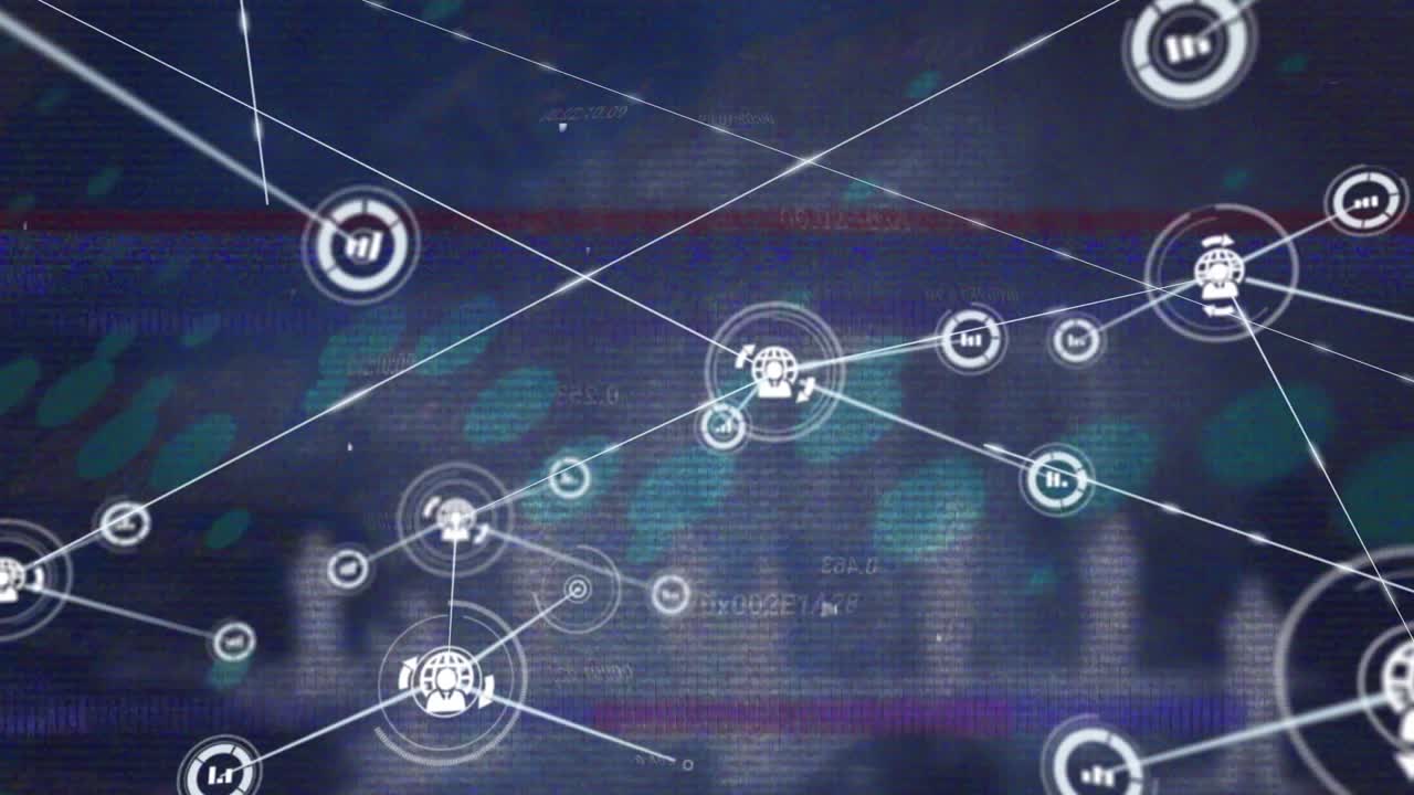 Animation of glitch effect over network of digital icons against data processing on blue background