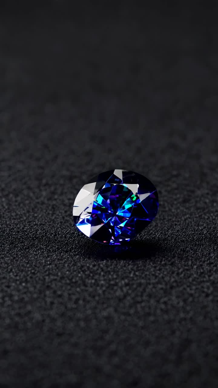 Close-up video shot of a sparkling gemstone on a textured black surface, showcasing its vibrant