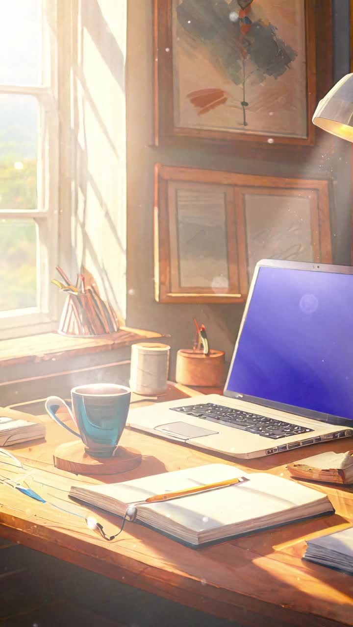 Sunlit Home Office Desk with Laptop, Coffee, and Notebook