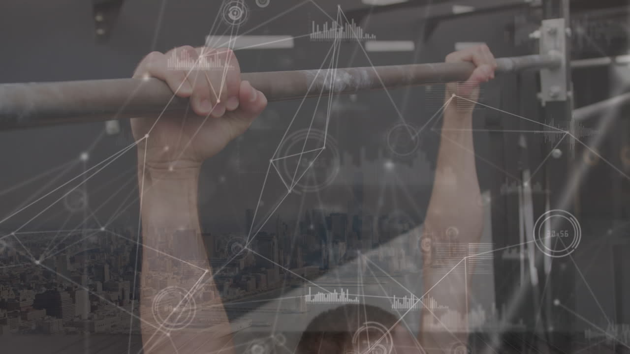 을 는 백인 운동선수 애니메이션, 현대 도시, 디지털 원형 데이터 연결 라인