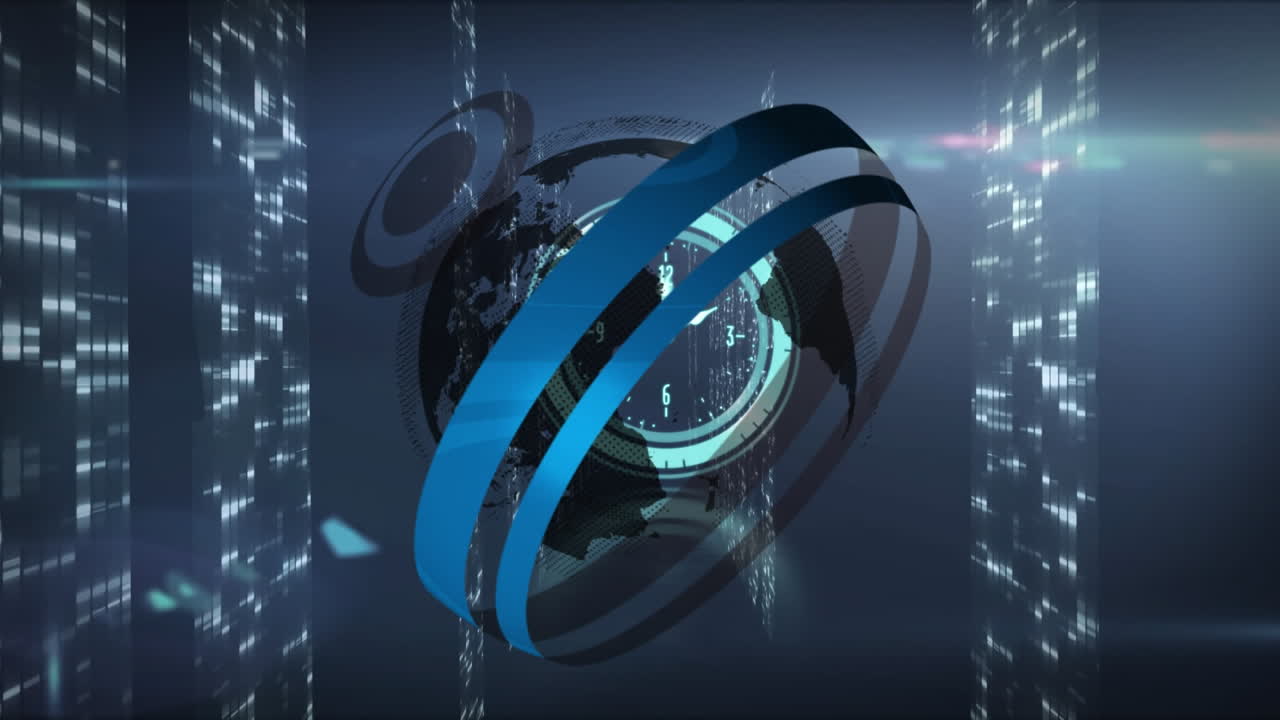 Animation of globe, clock moving fast and data processing over computer servers