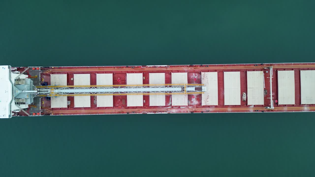 Aerial Top-Down View of a Large Bulk Carrier Cargo Ship