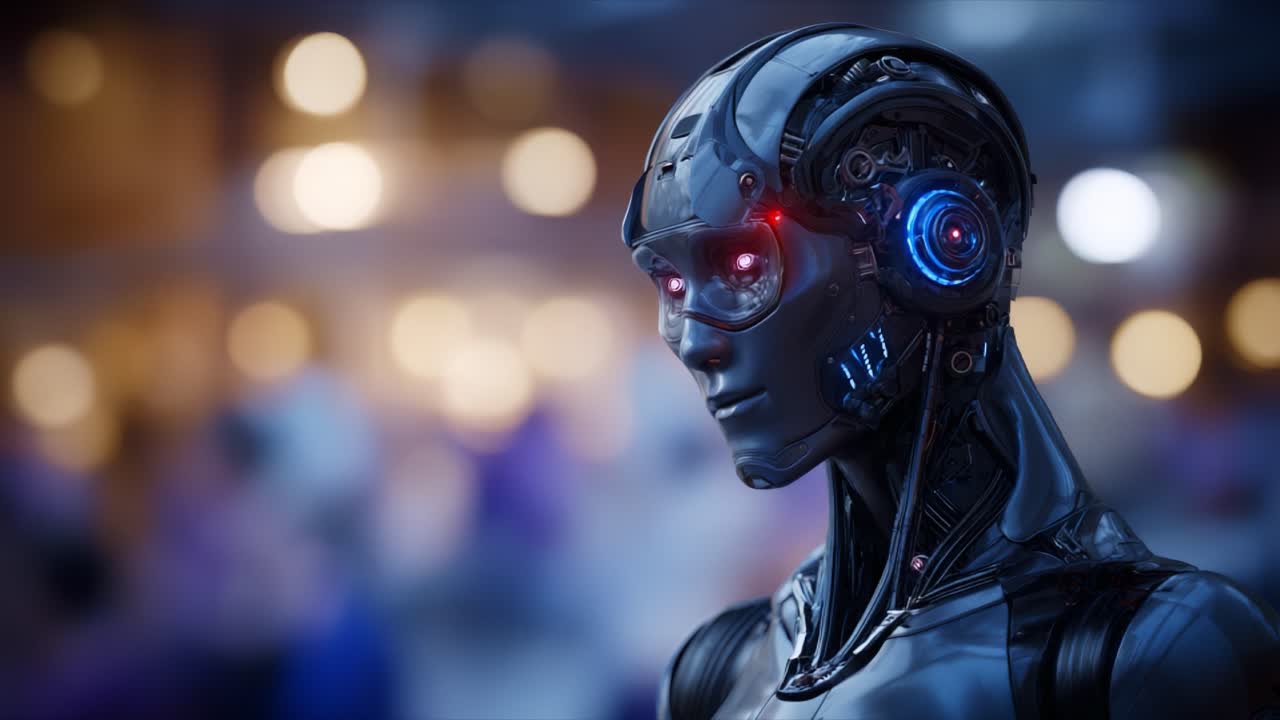 Robot umanoide futuristico con elementi metallici e dettagli luminosi, su uno sfondo sfocato di luci, che mette in mostra tecnologia avanzata ed estetica di design