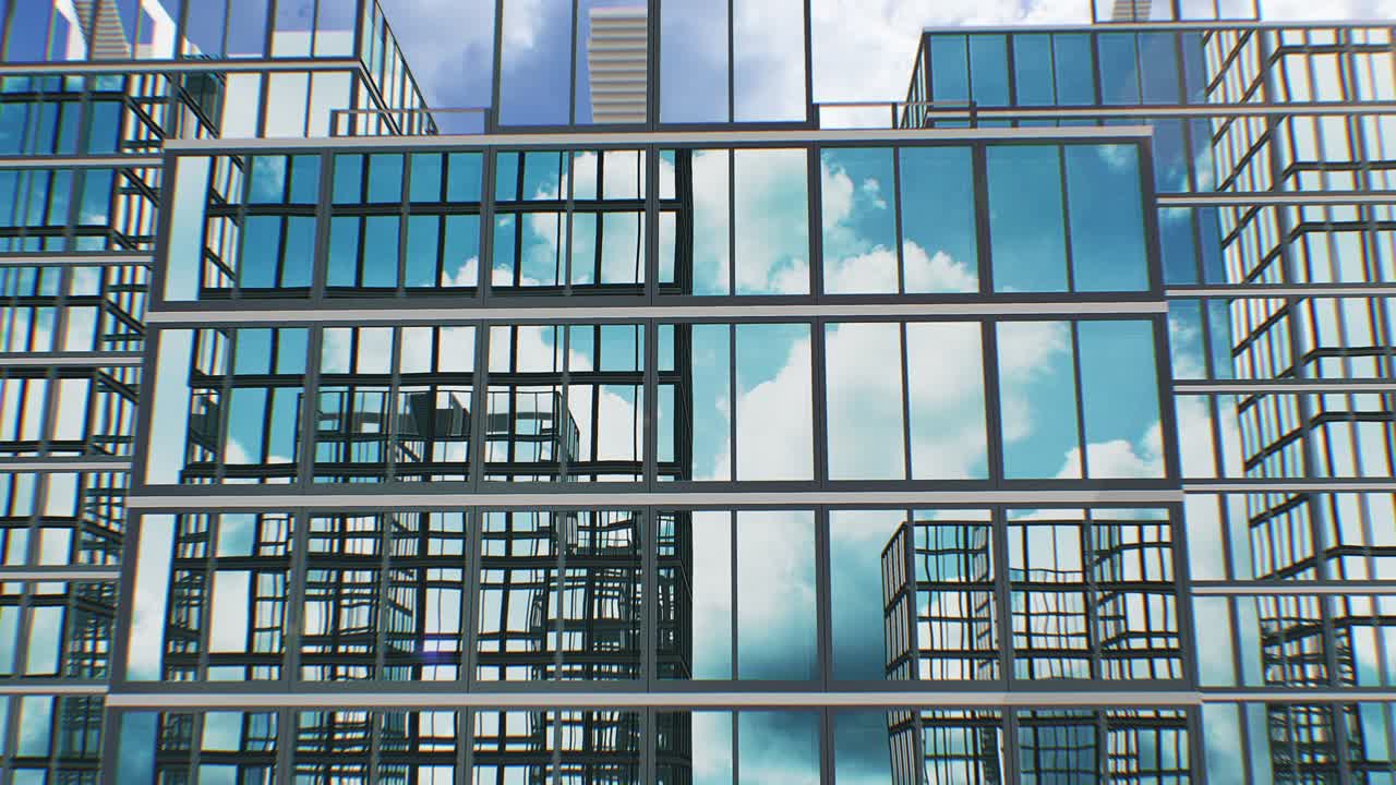 부동산 추상 건설 과정 시간 지연: 구름 아래에서 빠르게 성장하는 많은 마천루, 녹색 화면 마스크와 함께 3d 애니메이션으로 상승하는 건물.