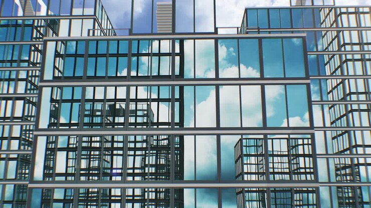 Time lapse astratto del processo di costruzione immobiliare. Molti grattacieli che crescono velocemente sotto le nuvole in movimento. Edifici che sorgono, animazione 3D con maschera green screen.