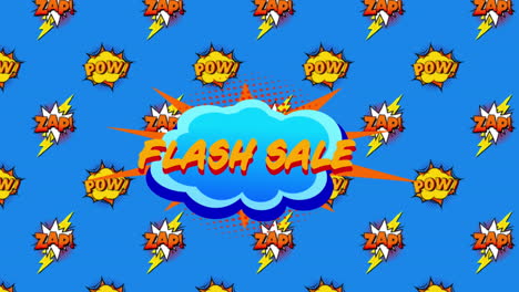 venta flash, pow y zap texto en burbuja de habla contra fondo azul