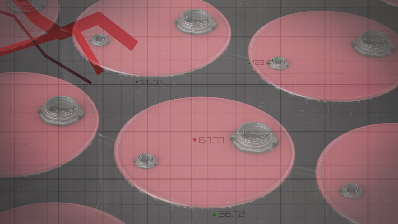 검은색 배경에 빨간색 가솔린 배럴 위에 빨간 선으로 금융 데이터 처리의 애니메이션