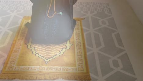 animation of asian woman in hijab praying at home over clouds