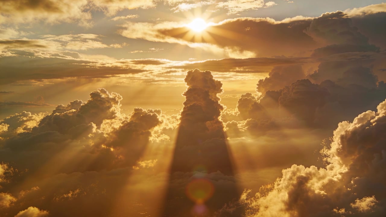 Sole in movimento che proietta raggi attraverso un pilastro di cumuli sopra nuvole alte, con il sole basso che causa un bagliore dell'obiettivo.