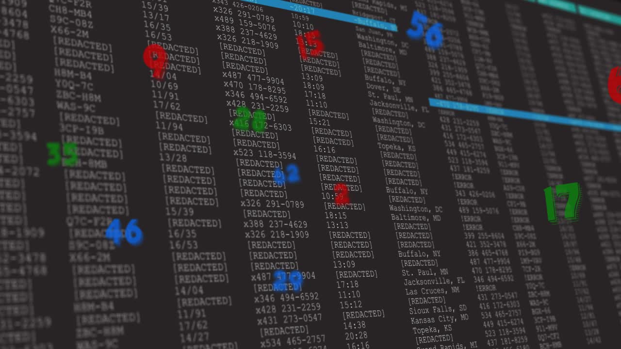 Initial reveal starting colored digits floating, terminal receding, cyan bar sliding marking rows