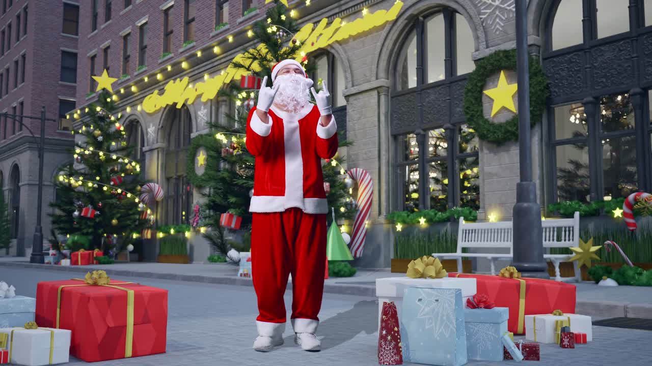 cuerpo lleno de papá noel asiático mostrando el gesto del rock n roll con las manos en la noche de navidad