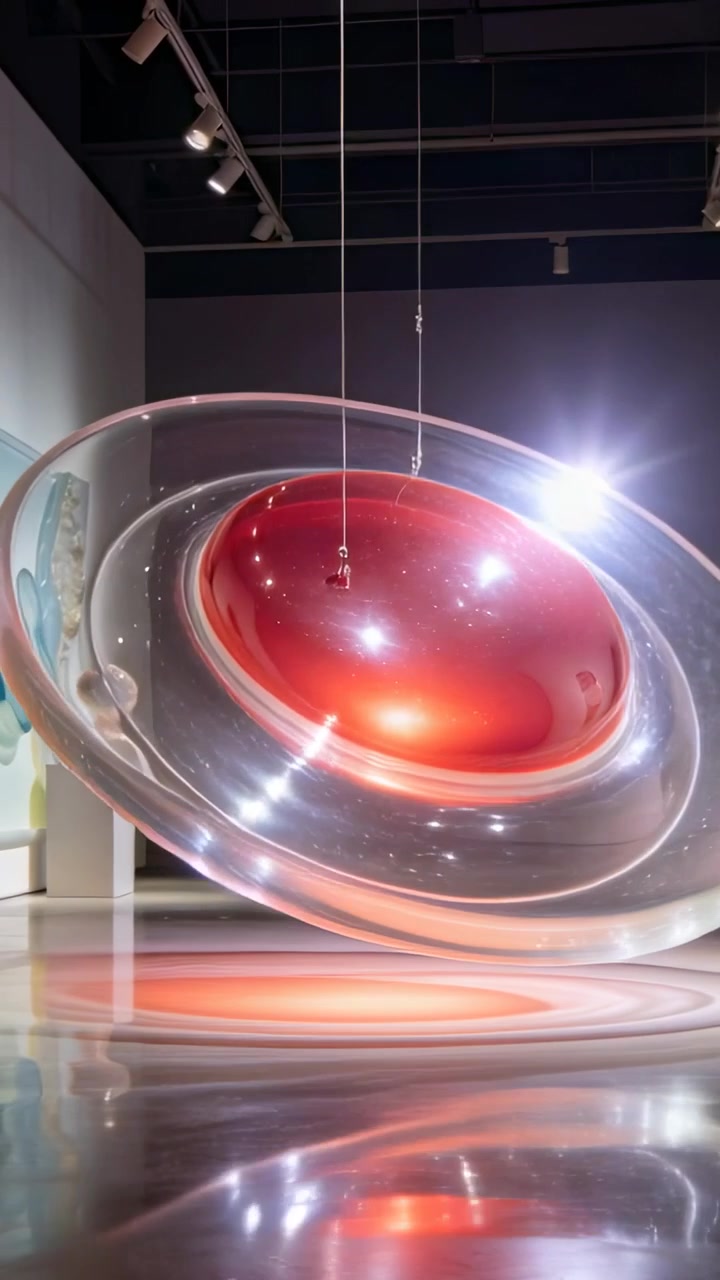 Video verticale: Telecamera che panoramica dal basso mostrando un anello che si inclina e rivela il riflesso di una cupola rossa in una galleria