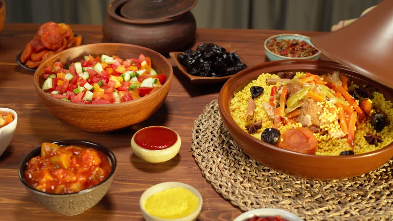cocina marroquí vista superior. tajine, plato tradicional hecho de cordero y berenjena, ensalada de verduras. cultura de oriente medio. couscous con carne de carnero de cerca, arroz delicioso. comida casera.