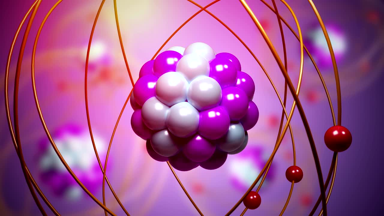 partículas elementales que se mueven en el átomo. concepto de física. animación en bucle renderizada en 3d.
