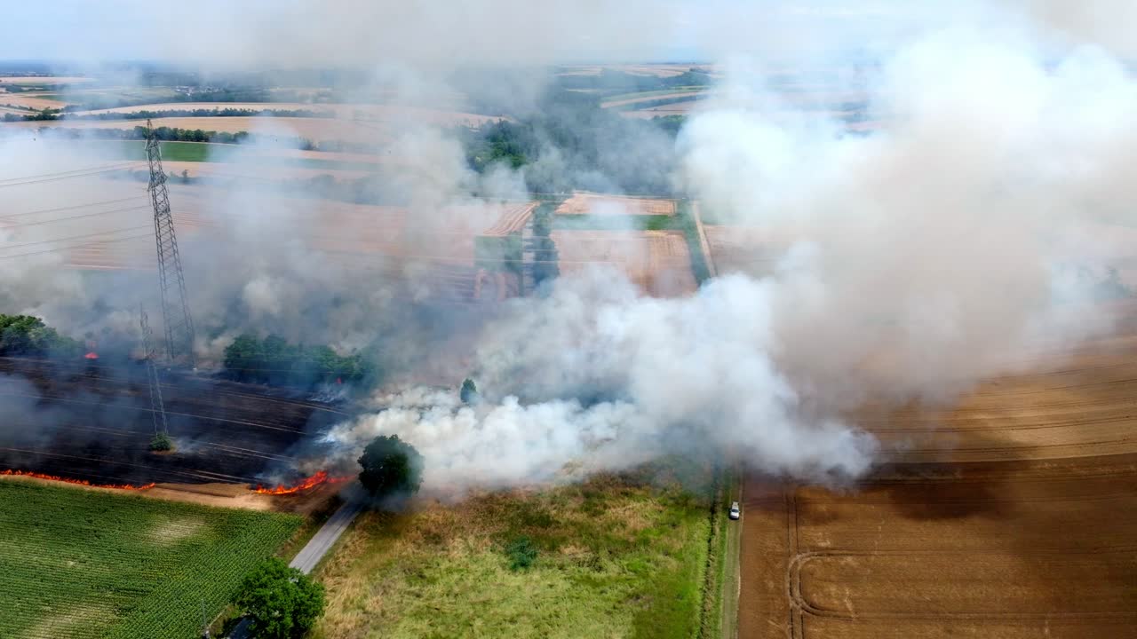 quemando el campo de grano agrícola con humo - disparo de avión no tripulado aéreo